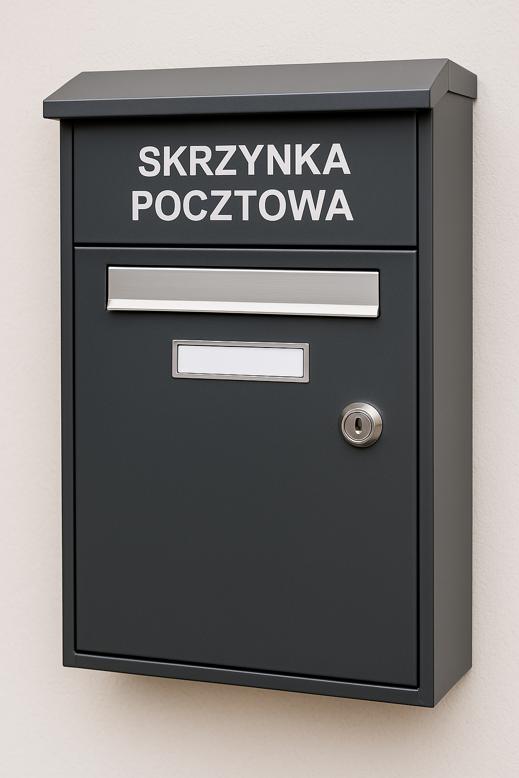 Skrzynka pocztowa na listy w kolorze grafitowym – nowoczesna skrzynka listowa z zamkiem i napisem, zamontowana na elewacji budynku